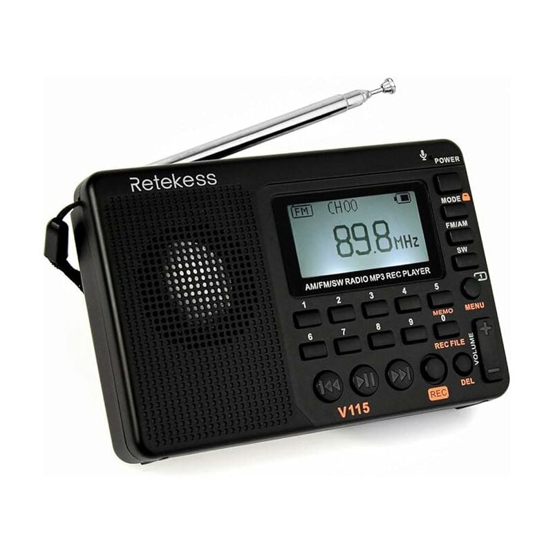 Radio Portable,Petite Radio Rechargeable, Piles et Secteur, Carte tf, Enregistreur, MP3, Réveil, Salle de Bain, Cuisine (Noir)