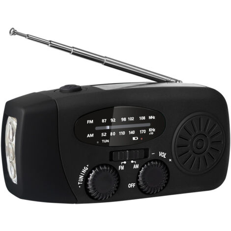Radio portátil AM/FM/NOAA con energía solar, 3 linternas LED integradas y cargador para teléfono móvil. Color negro.