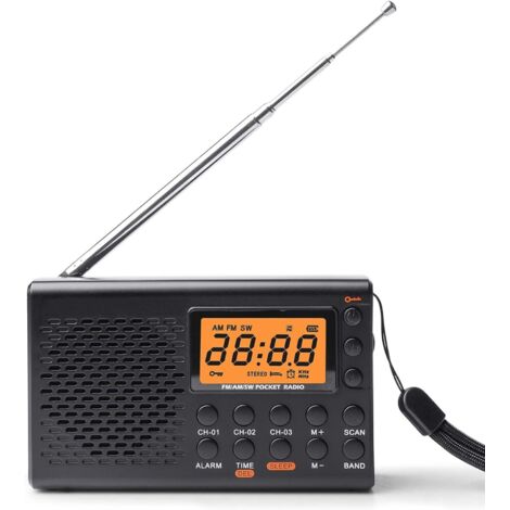 Radio portátil AM/FM/SW con pantalla LCD, funciona con pilas, tiene altavoz incorporado, alarma, temporizador, conector para auriculares y 35 emisoras preestablecidas.