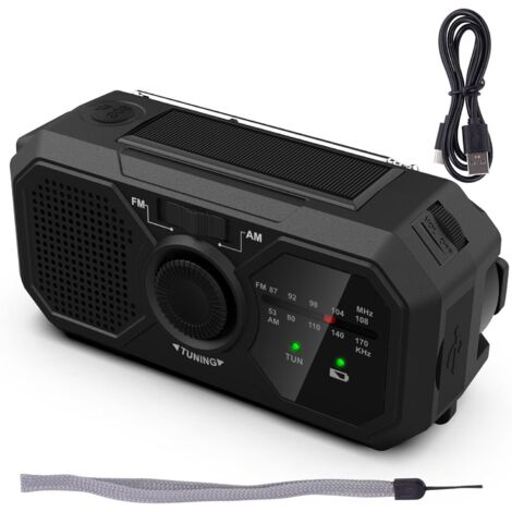 Radio portátil con linternas: radio solar con manivela, radio FM con carga móvil y linterna LED.