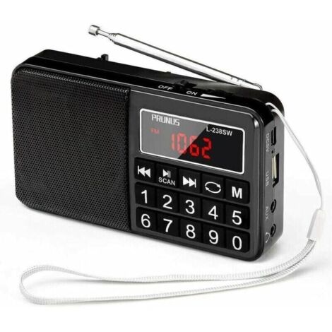 Radio portátil FM/AM (MW)/SW/USB/Micro-SD/MP3, sintoniza emisoras con botones y pantalla grandes, batería recargable de 800 mAh (negra).