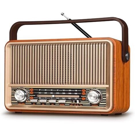 Radio portátil J-120 AM FM, radio de transistores enchufable a la pared o con batería recargable para el hogar y el exterior, altavoz retro vintage con Bluetooth y reproducción de tarjeta AUX TF USB