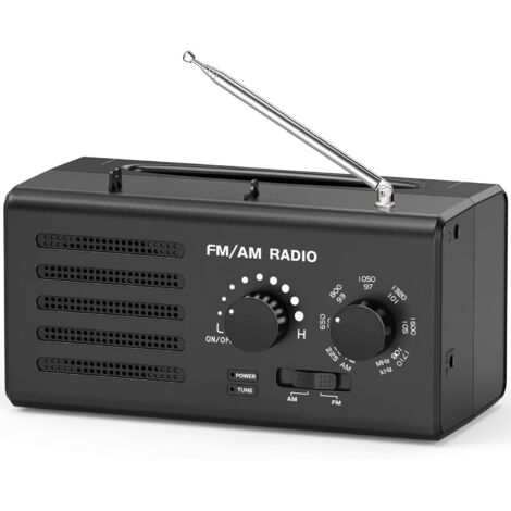 Radio portatile AM/FM applicabile con ricezione eccellente, altoparlante integrato, jack per cuffie e USB. Alimentato a batteria, ideale per casa, esterni ed emergenze. (Nero)