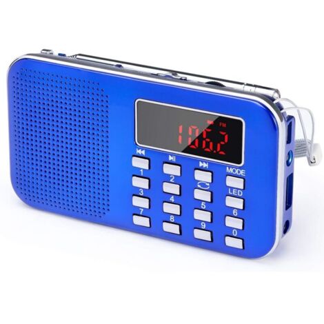 Radio portatile AM/FM J-908, piccola radio portatile ricaricabile con batteria ricaricabile da 1200 mAh, radio a transistor con illuminazione di emergenza, mini USB/SD/AUX (blu)