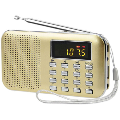 Radio portatile, radio FM/AM, alimentazione a batteria e di rete, lettore MP3, altoparlante, supporto per scheda TF/USB, torcia, adatta (oro)