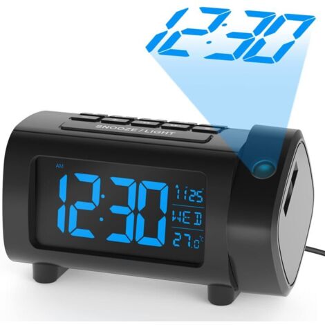 Radio Réveil à Projection, Horloges à Projection 180° Reveil Projecteur FM avec Alarme, Grand Affichage VA, 4 Niveaux de Luminosité de l'écran, Numérique USB, Fonction Snooze, 12/24H