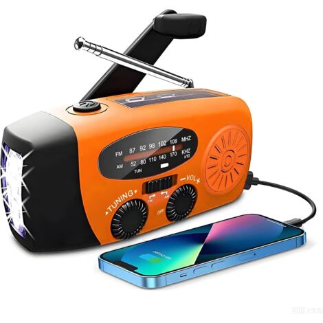 Radio-réveil avec Torche LED, Radio Portable AM/FM à énergie Solaire avec Alimentation Rechargeable de 2000mAh, Recharge d'urgence du téléphone Portable.