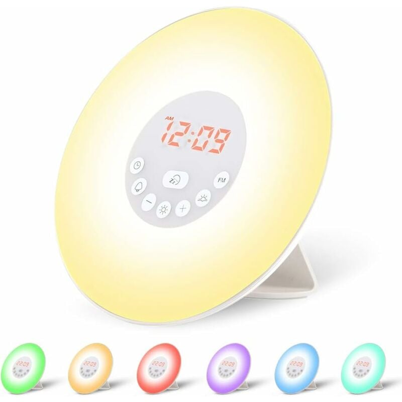 Radio-réveil lumière led lampe de chevet Contrôle tactile simulation lever et coucher du soleil 10 niveaux de lumière, Snooze, 6 sons naturels, 7