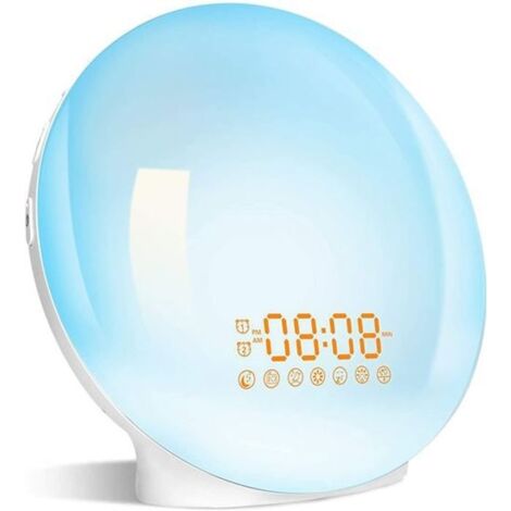 Radio Reveil Matin Lumière Lumineux LED Lampe de Chevet avec 20 Luminosité Simulateur d'Aube et Aide-Sommeil Veilleuse 7 Sons