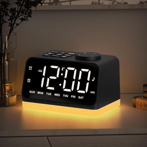 Radio-réveil Numérique - Affichage LED 5 Pouces - Lampe de Nuit à 8 Couleurs - 2 Ports USB de Chargement - Fonction Minuterie Sommeil - Double Réveil - FM 76-108 MHz - Noir