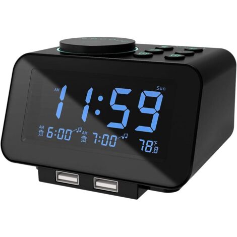 Radio-réveil Numérique - Affichage Réglable 0-100 % - Double Alarme avec Mode Semaine/Week-end - Radio FM 40 Stations - Minuterie Veille - 2 Ports USB - Thermomètre - Alimentation Secteur + Pile de Se