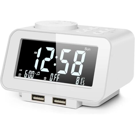 Radio-réveil Numérique - Affichage Réglable 0-100 % - Double Alarme Semaine/Week-end - Radio FM avec Minuterie Veille - 2 Ports USB - Thermomètre - Alimentation Secteur + Piles de Secours - Blanc