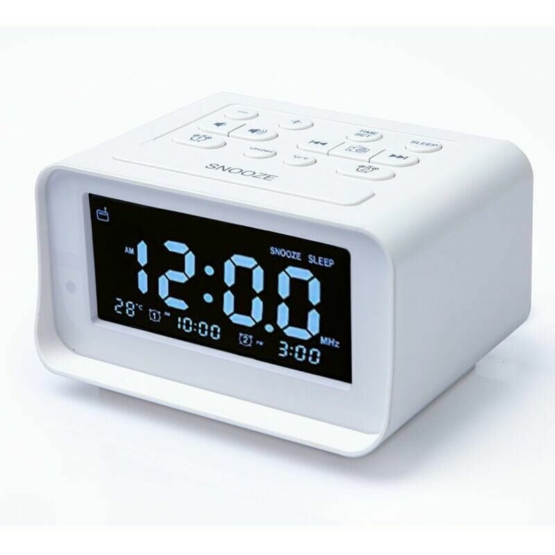 Ulisem - Radio-réveil numérique avec double chargeur usb pour chambre à coucher, avec réglage du volume d'alarme et de la luminosité, couleur blanche.