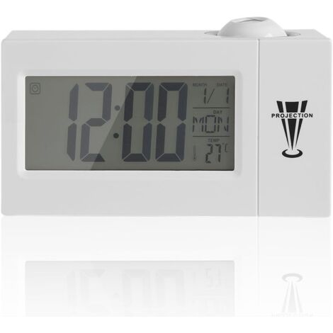 Radio-réveil numérique avec projecteur, intensité variable, mise en veille programmable et affichage de la température intérieure, du jour et de la date