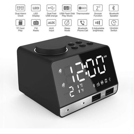 Radio Réveil Numérique,Haut-Parleur Bluetooth,Double alarmes,2 Port USB,AUX Carte TF,Disque U,Affichage Thermomètre Chambre