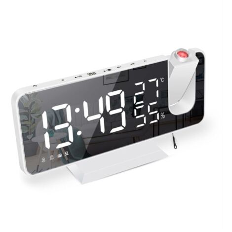 Radio Réveil Projecteur Cross-border Amazon - Affichage Grand Écran Température/Humidité - Horloge Électronique Digitale LED avec Alarme - Boîtier Blanc et Chiffres Blancs