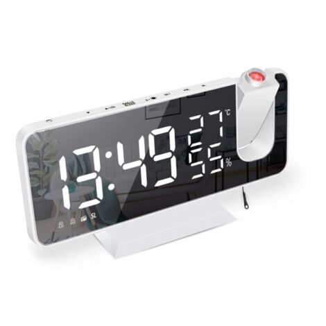 Radio Réveil Projecteur Cross-border Amazon - Affichage Grand Écran Température/Humidité - Horloge Électronique Digitale LED avec Alarme - Boîtier Blanc et Chiffres Blancs