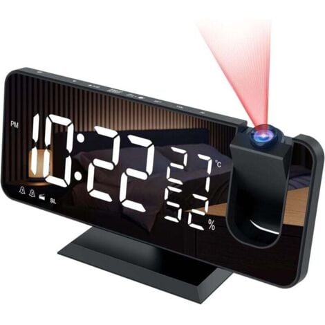FLITI Radio-réveil projecteur, horloge numérique, radio-réveil USB avec double alarme et écran miroir LED 7", fonction répétition, 4 niveaux de luminosité, 12/24 heures, 15 volumes, pour la maison et le bur