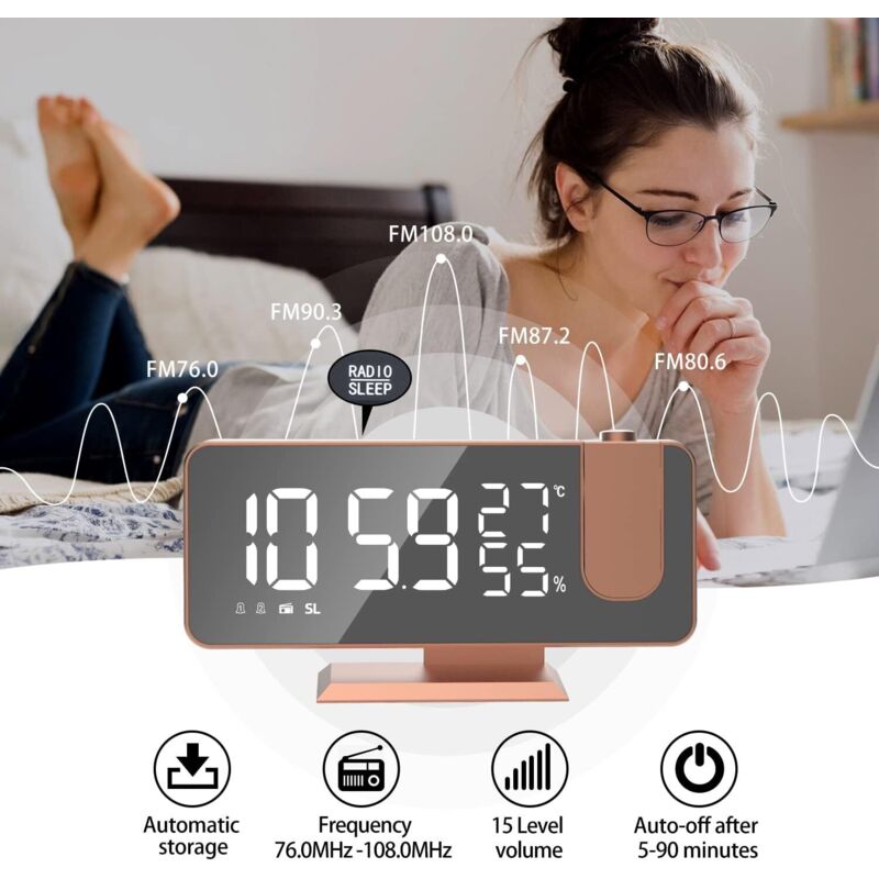 Radio Reveil Projection Plafond, 180° Projecteur Réveil Radio, avec Adaptateur, Horloge Numérique avec 7' LED Écran Miroir Chargement USB Fonction