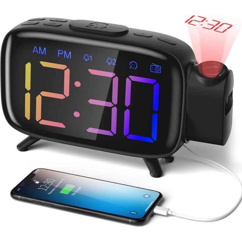 Radio Reveil Projection Plafond Réveil Radio FM avec Double Alarme Reveille Numerique Couleur, 12/24H, 3 Niveaux de Luminosité, Port de Chargement