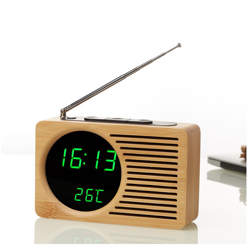 ZVD - Radio réveil en bois de chevet rétro - Réveil silencieux paresseux, horloge électronique créative