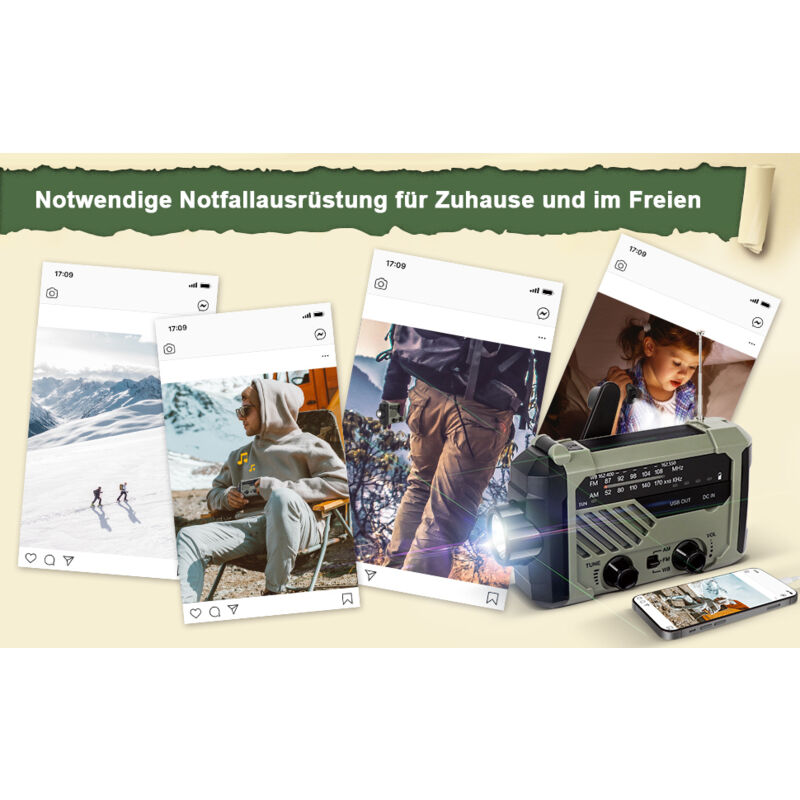 Radio Solaire à manivelle, 2000mAh Batterie Externe Rechargeable par USB avec manivelle Dynamo LED Lampe de Lecture Alarme SOS pour extérieur,