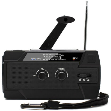 Radio Solaire à Manivelle Portable Radio Dynamo Rechargeable avec AM/FM/WB Batterie Rechargeable Intégrée 4000mAh 4 Modes Lampe de Poche LED Alarme SOS pour Urgence en Plein Air,noir