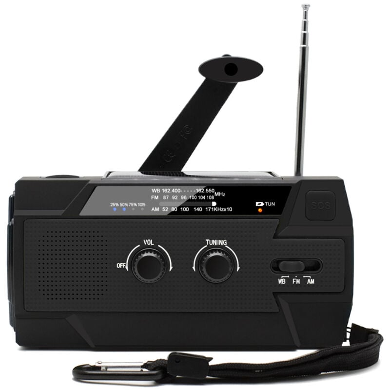 Radio Solaire à Manivelle Portable Radio Dynamo Rechargeable avec am/fm/wb Batterie Rechargeable Intégrée 4000mAh 4 Modes Lampe de Poche led Alarme