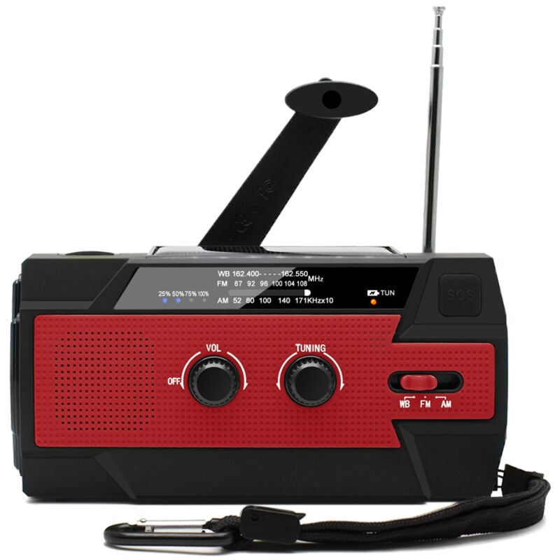 Radio Solaire à Manivelle Portable Radio Dynamo Rechargeable avec am/fm/wb Batterie Rechargeable Intégrée 4000mAh 4 Modes Lampe de Poche led Alarme