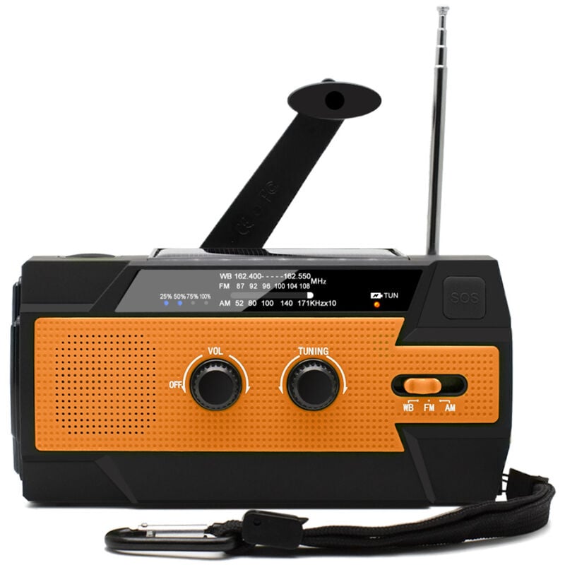 Radio Solaire à Manivelle Portable Radio Dynamo Rechargeable avec am/fm/wb Batterie Rechargeable Intégrée 4000mAh 4 Modes Lampe de Poche led Alarme