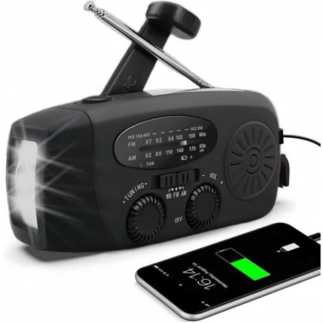 Radio solaire AM/FM/NOAA avec manivelle, chargeur USB, lampe torche LED, batterie 2000 mAh, pour les urgences et les activités de plein air.