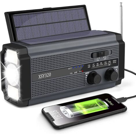 Radio solaire AM/FM Radio portable d'urgence avec batterie rechargeable 5000 mAh, 3 modes LED Lampe de lecture LED, alarme SOS et manivelle Dynamo pour camping, voyage (noir)