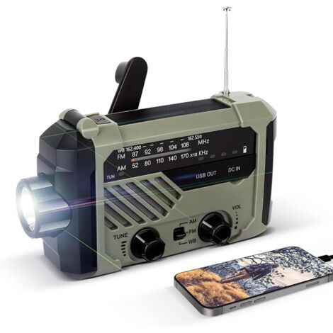 Radio Solaire de Survie avec Dynamo, Rechargeable 2000mAh, Radio Urgence AM/FM, Lampe Torche Dynamo, Fonction SOS, Powerbank, Manivelle Idéale Kit de Survie, Camping, Randonnée