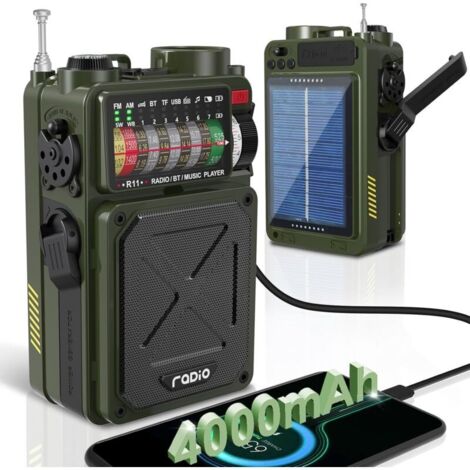 Radio solaire d'urgence AM/FM/SW avec Bluetooth, batterie externe rechargeable 4000 mAh, lampe torche, alarme SOS, prise casque, carte SD, USB, manivelle pour camping, randonnée, vert kaki