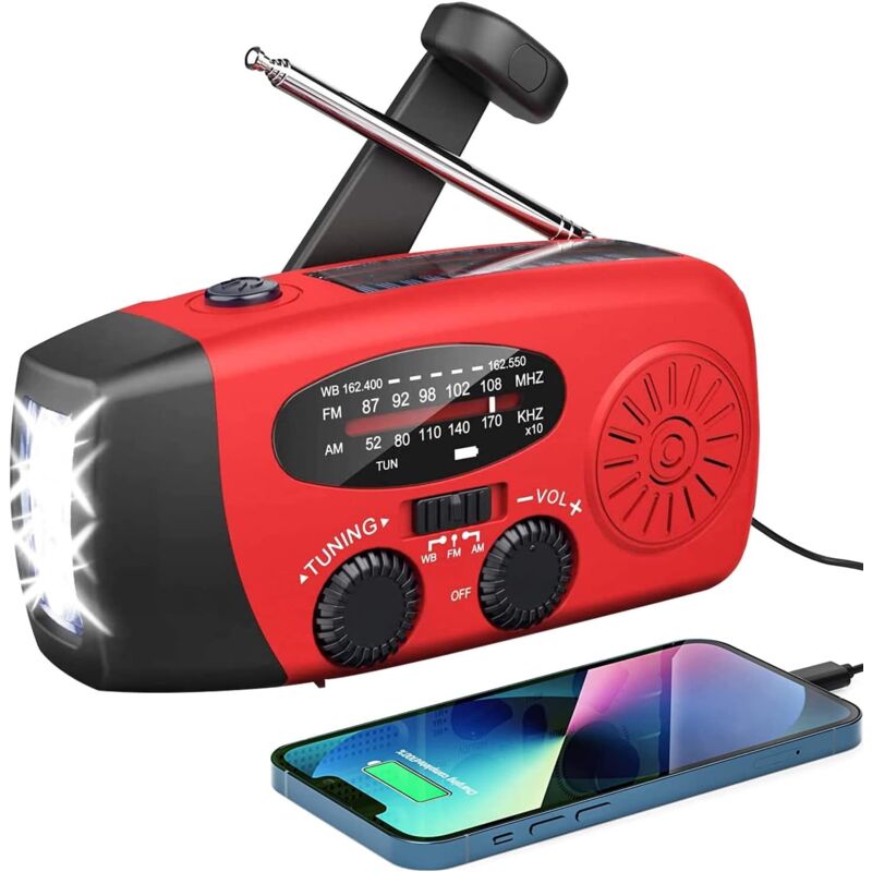 Radio Solaire d'Urgence, Radio à Manivelle Auto-alimentée avec Lampe de Poche LED, Météo AM/FM/WB avec Batterie Rechargeable 2000mAh pour Le