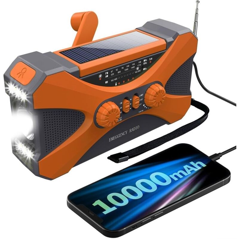 Radio solaire extérieure, radio portable à manivelle avec AM/FM, radio de survie avec puissance rechargeable de 10 000 mAh, radio lampe de poche LED,