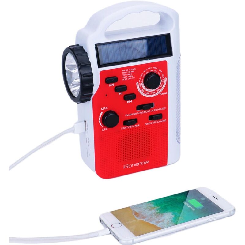Radio Solaire, Lanterne Portable à Manivelle avec Lecteur MP3, Lampe de Poche LED de Chantier Radio d'urgence avec AM/FM/SW/SOS, anque d'alimentation