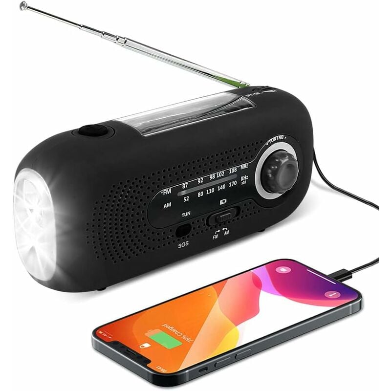 Radio Solaire, Manivelle d'urgence Radio Météo Solaire am/fm Auto-alimentée avec Lampe de Poche 5 led, Banque d'alimentation d'urgence 2000 mAh pour