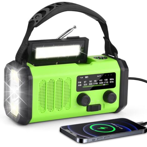 Radio solaire portable 10 000 mAh - Radio à manivelle AM/FM - Avec batterie externe rechargeable de 10 000 mAh - 3 modes - Lampe de poche LED - Lampe de lecture LED - Alarme SOS, manivelle dynamo et