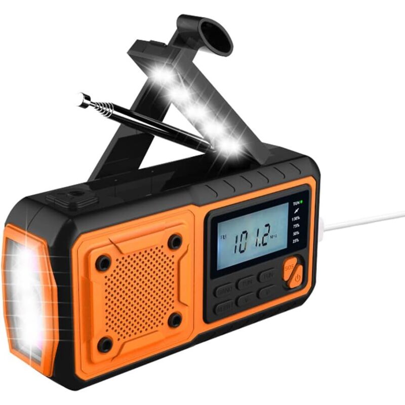 Radio solaire portable à manivelle, radio AM/FM/WB avec lampe de poche et lampe de lecture, batterie de secours de 4000 mAh et alarme SOS - Radio