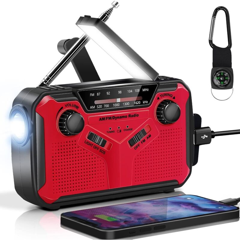 Radio Solaire Portable Radio d'urgence Météo 2500mAh Radio à Manivelle avec AM FM Radio Dynamo Charge de Téléphone avec Lampe LED Alarme SOS Câble
