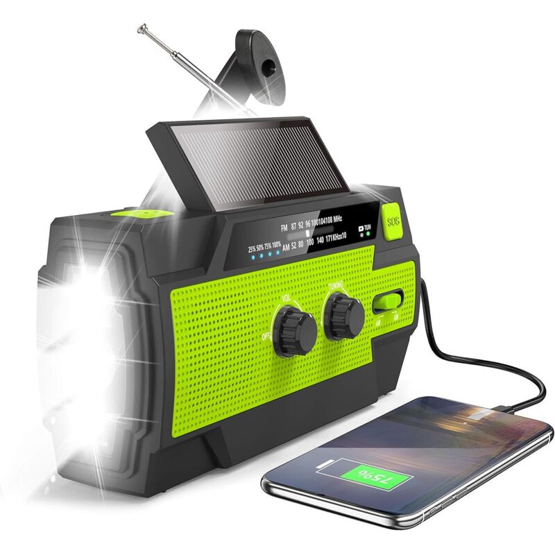 Radio solaire, radio AM/FM d'urgence rechargeable avec dynamo 4000 mAh, lampe torche puissante, lampe de lecture à détecteur de mouvement et alarme