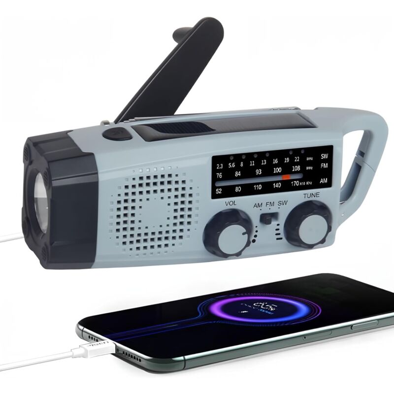 Radio Solaire, Radio Portative Manivelle AM/FM Radio Portable Urgence avec Prise Casque, Torche LED Batterie Rechargeable 2000mAh Chargeur de