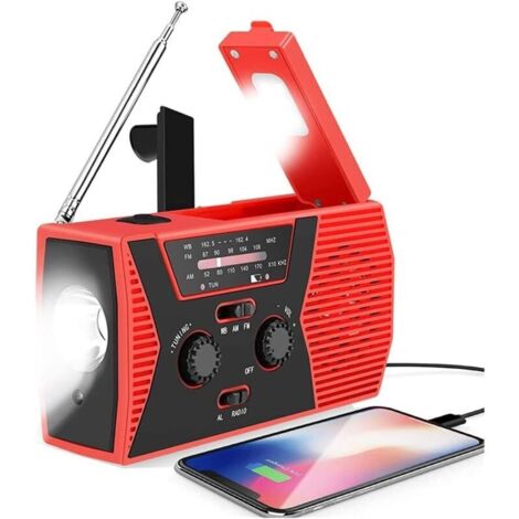 Radio solaire rechargeable AM/FM avec manivelle, lampe torche LED, alarme SOS et chargeur de téléphone, étanche pour le camping et les situations d'urgence (rouge).