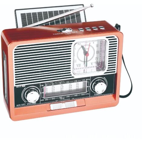 Radio solaire vintage AM/FM/SW : Bluetooth, lecture TF/USB, horloge, lampe LED – Power bank 1200mAh, design classique,grain de bois