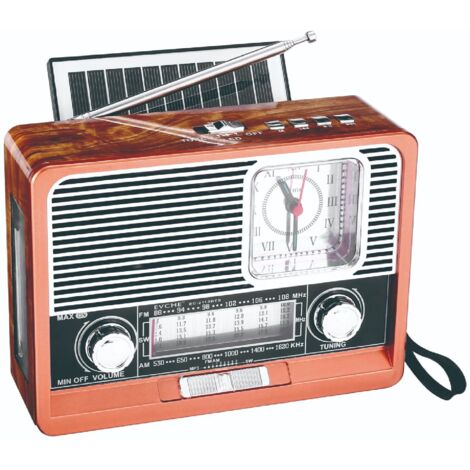 Radio solaire vintage AM/FM/SW : Bluetooth, lecture TF/USB, horloge, lampe LED – Power bank 1200mAh, design classique,Grain de bois de pêcher