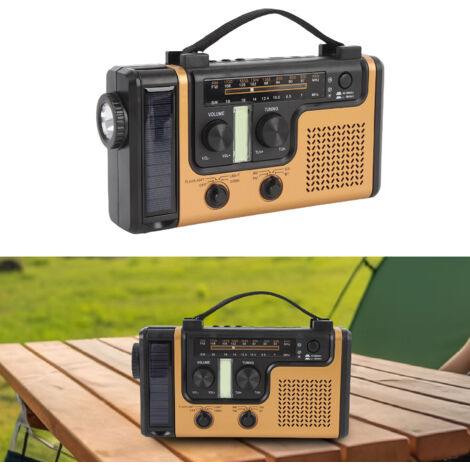 Radio solar de emergencia con Bluetooth 5.0, 242 x 136 x 73 mm, manual de usuario, puerto USB, función SOS, batería de 2000 mAh, linterna, función AM/FM/SW, cable y manual de usuario.