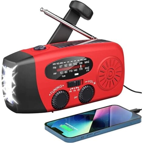 Radio solar de emergencia, radio con manivela autoalimentada Solarbaby con linterna LED, alarma SOS, radio meteorológica AM/FM a cuerda con batería de 2000 mAh para carga de emergencia de teléfonos in