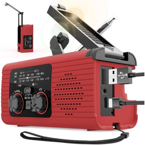 Radio solar de manivela, radio portátil AM/FM/NOAA, radio meteorológica tridireccional, carga tridireccional, radio de manivela, banco de energía para viajes largos.