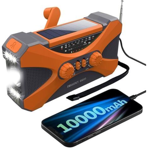 Radio solar para exteriores, radio portátil de manivela con AM/FM, radio de supervivencia recargable de 10000 mAh, linterna LED y cargador USB para celular (naranja)